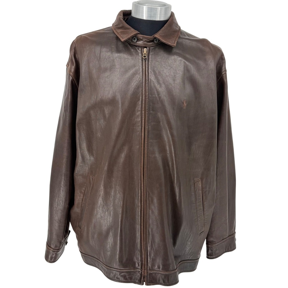 Polo Ralph Lauren Leather Bomber Jacket Mens XL Brown Full Zip Vintage Y2K Coat